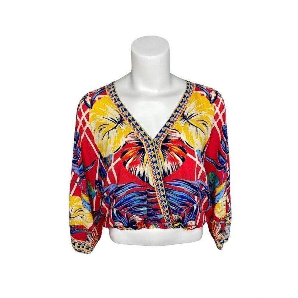 Flying Tomato Surplice Kimono Dolman Sleeve Red Floral Top XS